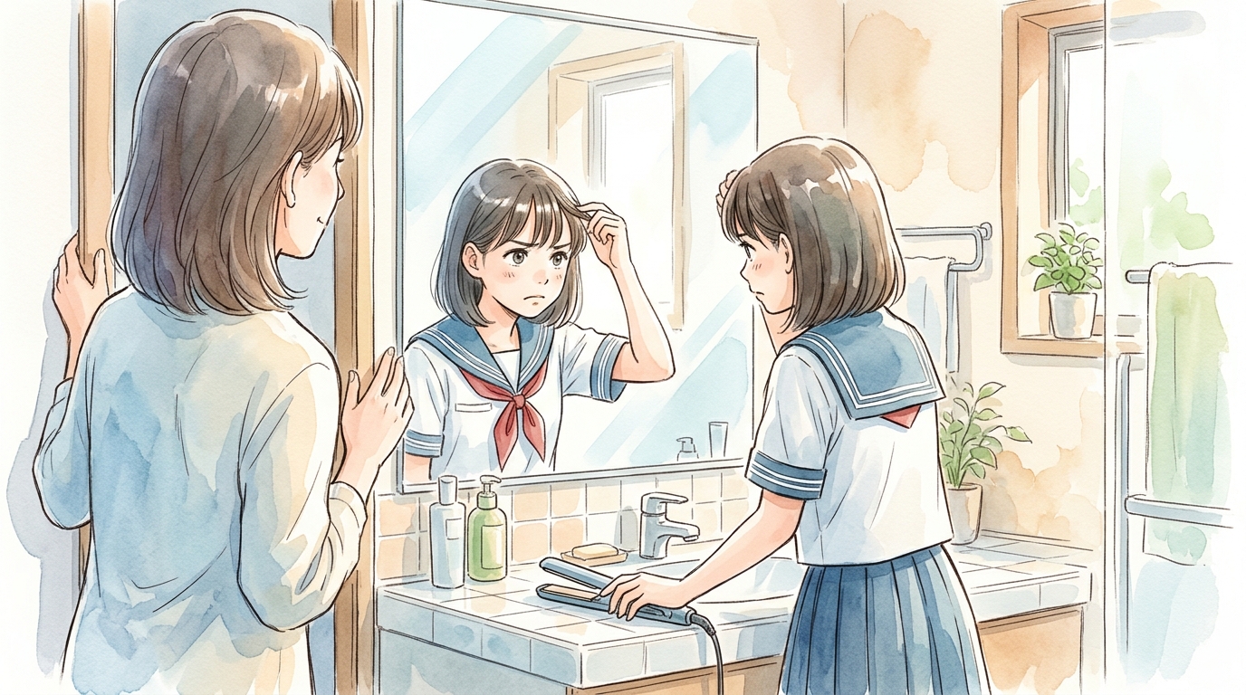 前髪が決まらず遅刻する中学生娘